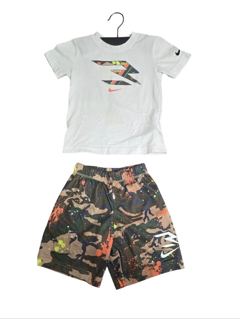 Nike White Tee with Multicolor Logo & Camo Paint-Splash Shorts